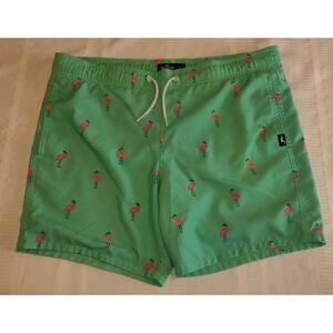 Hollister Mens Swim Trunks Sz S Green Pink Flamingos Lined Swimwear Shorts SMALL
